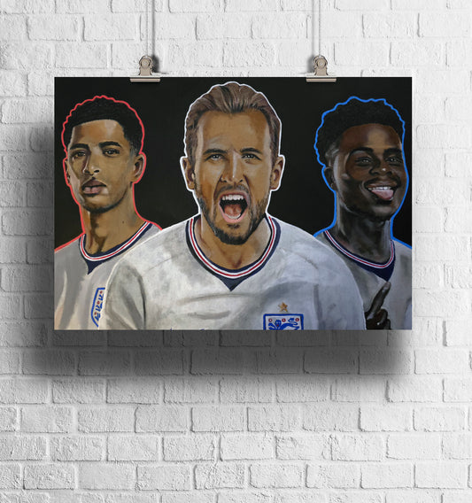 ENGLAND THREE LIONS - JUDE BELLINGHAM-HARRY KANE-SAKA ORIGINAL ART PRINT